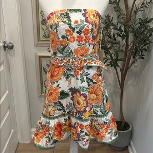 NWT Joie White Strapless Floral Dress with Orange, Yellow & Green